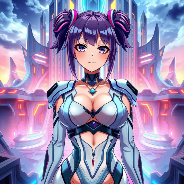 An anime-style futuristic queen in a stylish crop top that highlights her sexy body and navel