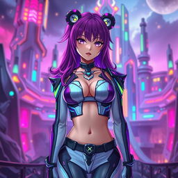 An anime-style futuristic queen in a stylish crop top that highlights her sexy body and navel