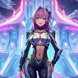 An anime-style futuristic queen in a stylish crop top that highlights her sexy body and navel