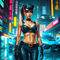 A futuristic cop character wearing a sleek crop top that showcases her sexy body and navel