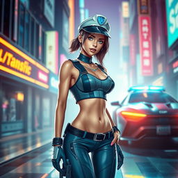 A futuristic cop character wearing a sleek crop top that showcases her sexy body and navel