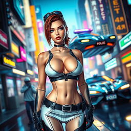 A futuristic cop character wearing a sleek crop top that showcases her sexy body and navel