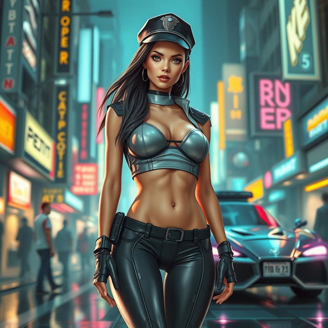 A futuristic cop character wearing a sleek crop top that showcases her sexy body and navel