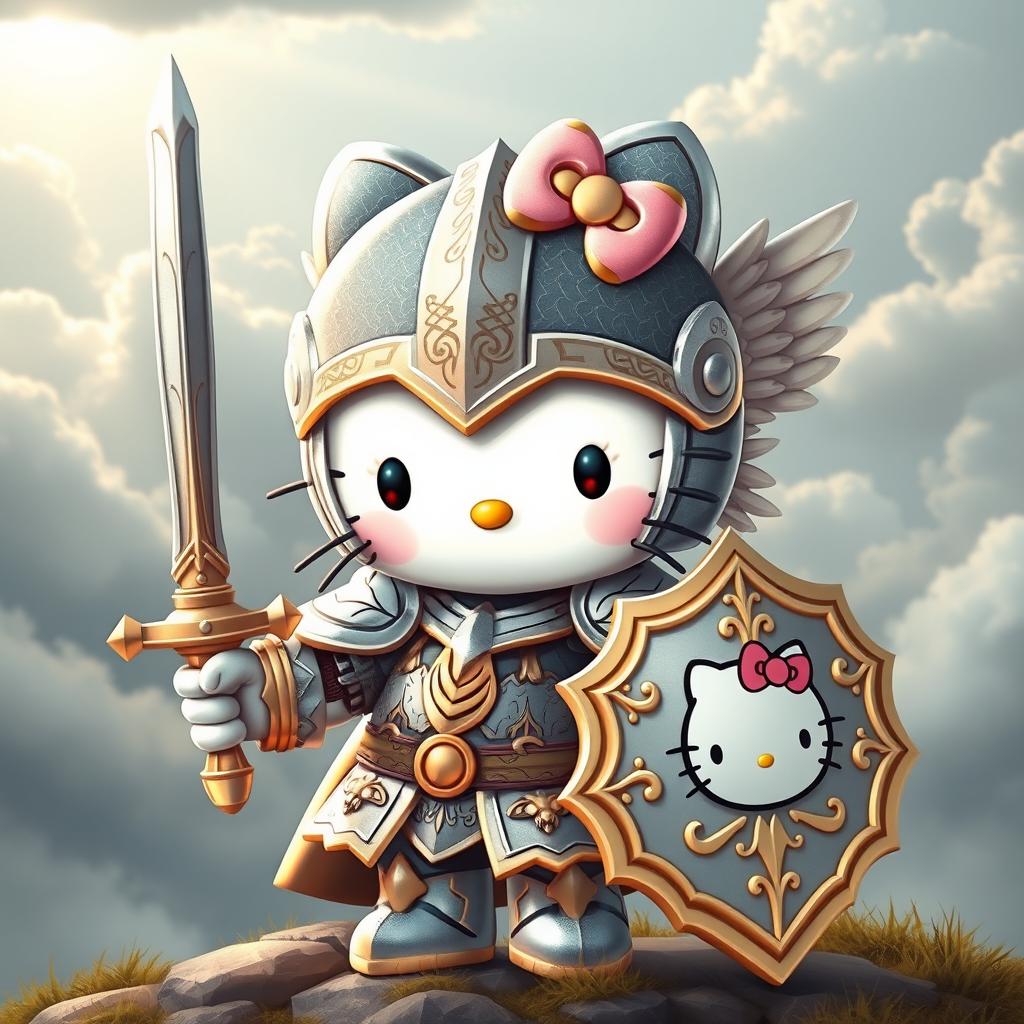 A whimsical and adorable reinterpretation of Hello Kitty as a valkyrie, wearing a detailed, ornate armor set inspired by Norse mythology