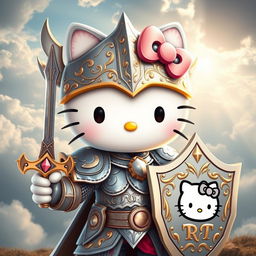 A whimsical and adorable reinterpretation of Hello Kitty as a valkyrie, wearing a detailed, ornate armor set inspired by Norse mythology