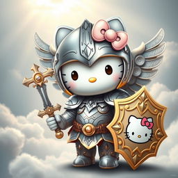 A whimsical and adorable reinterpretation of Hello Kitty as a valkyrie, wearing a detailed, ornate armor set inspired by Norse mythology