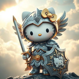 A whimsical and adorable reinterpretation of Hello Kitty as a valkyrie, wearing a detailed, ornate armor set inspired by Norse mythology