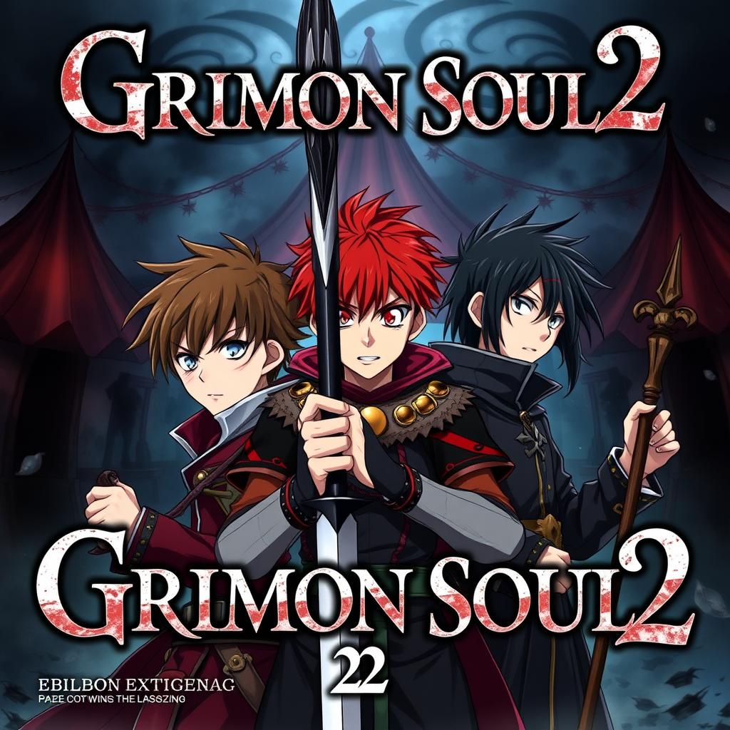 A dark fantasy anime cover for "Grimon Soul 2", featuring three 16-year-old boys who look beaten and angry