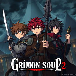 A dark fantasy anime cover for "Grimon Soul 2", featuring three 16-year-old boys who look beaten and angry