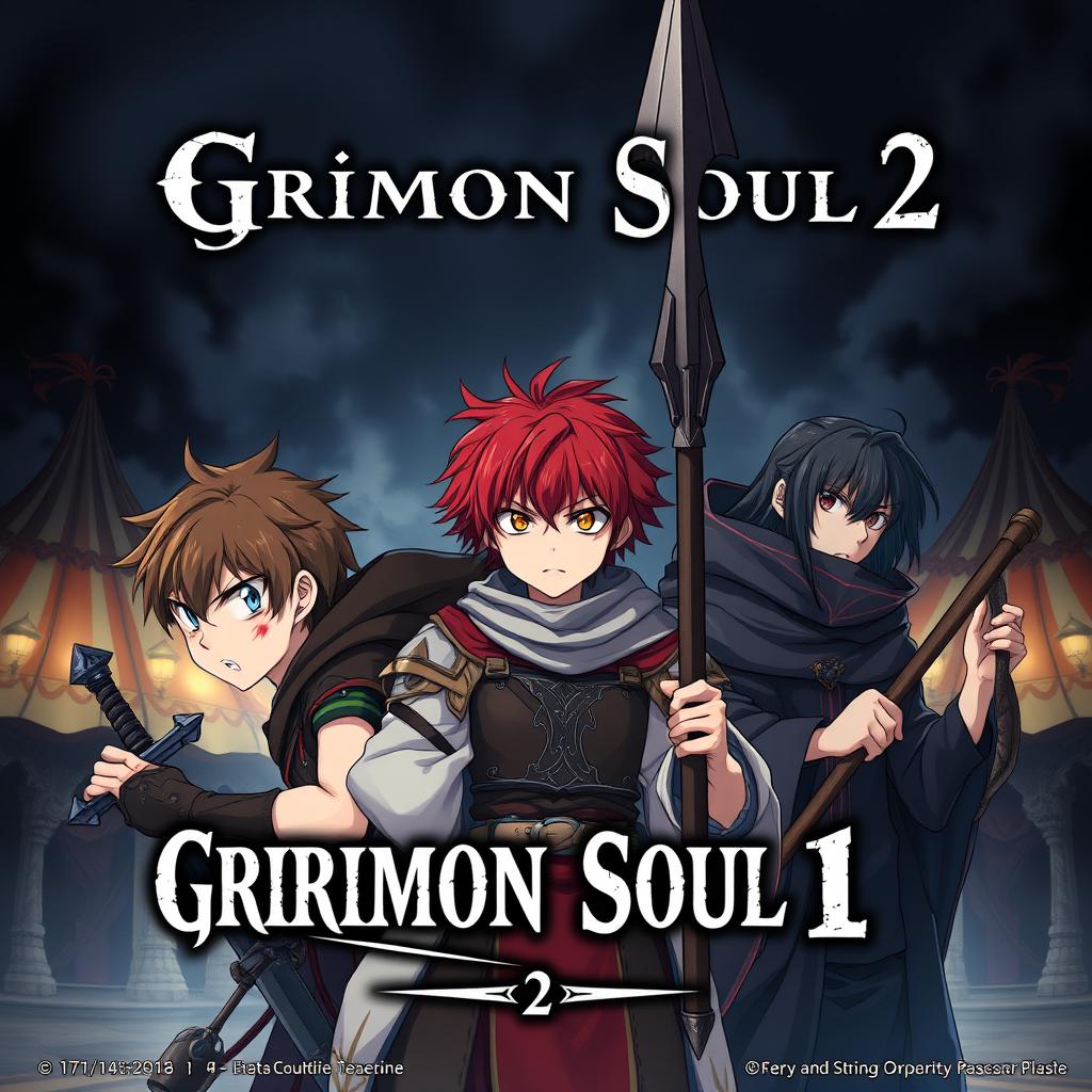 A dark fantasy anime cover for "Grimon Soul 2", featuring three 16-year-old boys who look beaten and angry