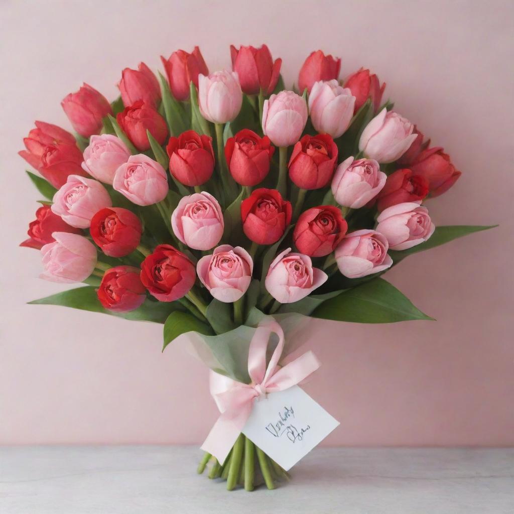 A cartoonish hand-drawn bouquet, filled with bright red roses and soft pink tulips, adorned with a tag and decorative ribbon as a heartfelt gift for a loved one.