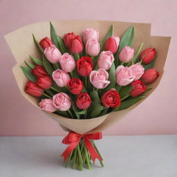 A cartoonish hand-drawn bouquet, filled with bright red roses and soft pink tulips, adorned with a tag and decorative ribbon as a heartfelt gift for a loved one.