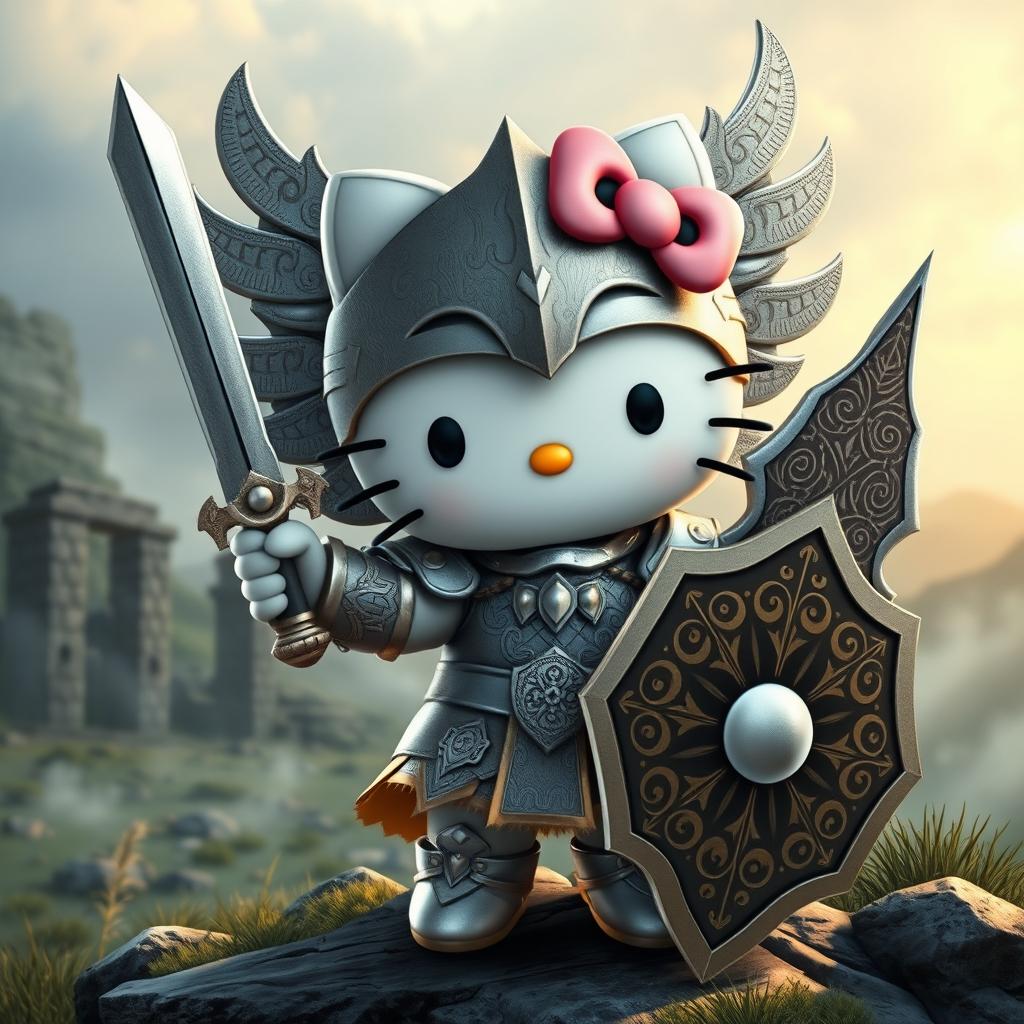 A charming and imaginative depiction of Hello Kitty as a valkyrie inspired by the Kjalnesinga saga, wearing intricately designed armor that reflects Norse mythology