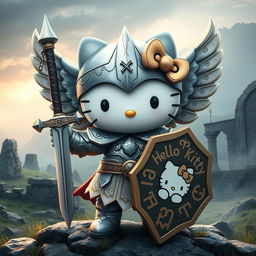 A charming and imaginative depiction of Hello Kitty as a valkyrie inspired by the Kjalnesinga saga, wearing intricately designed armor that reflects Norse mythology