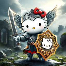 A charming and imaginative depiction of Hello Kitty as a valkyrie inspired by the Kjalnesinga saga, wearing intricately designed armor that reflects Norse mythology