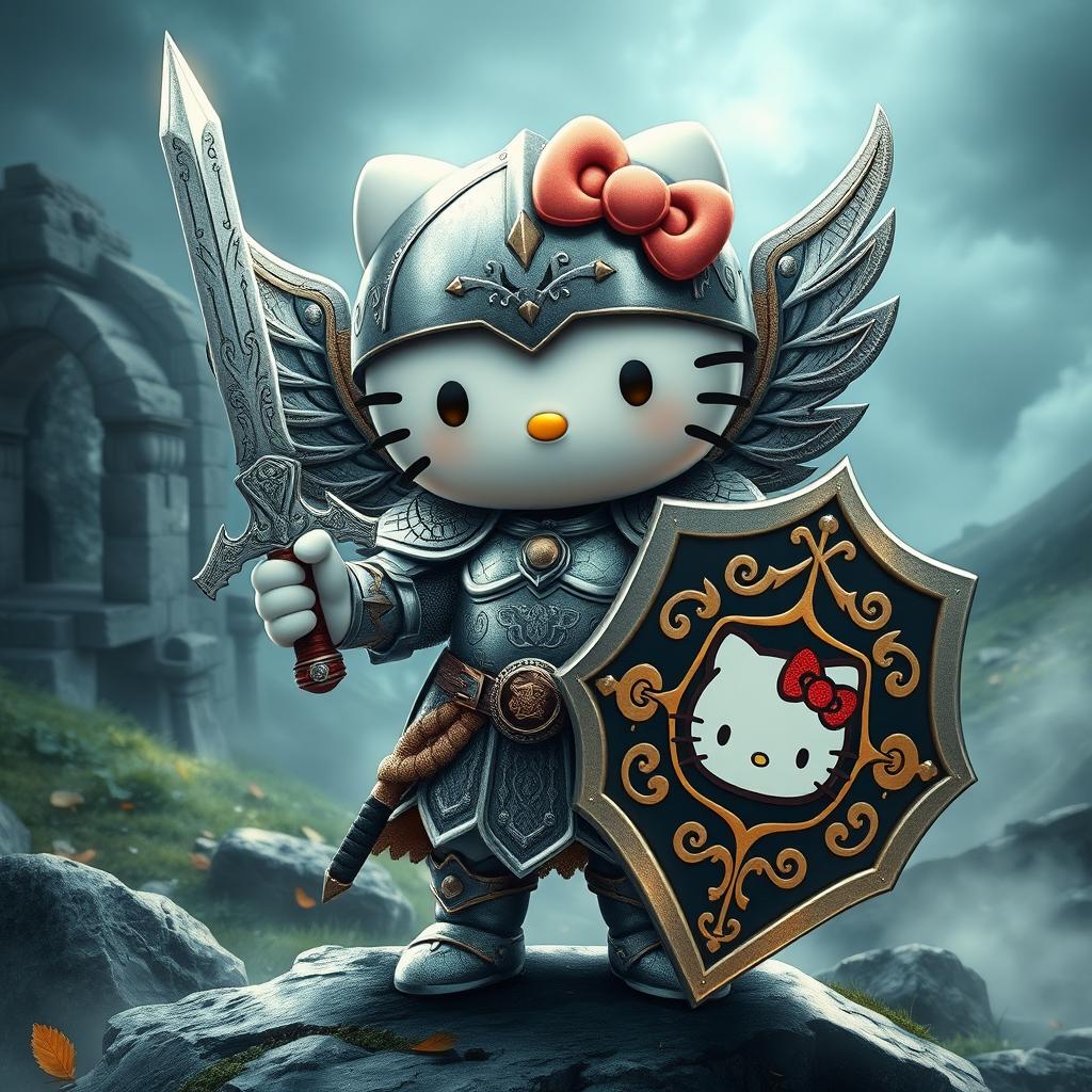 A charming and imaginative depiction of Hello Kitty as a valkyrie inspired by the Kjalnesinga saga, wearing intricately designed armor that reflects Norse mythology