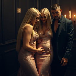 Two glamorous and busty women, both with long, straight, shiny blonde hair, are depicted in an emotional moment, holding onto each other