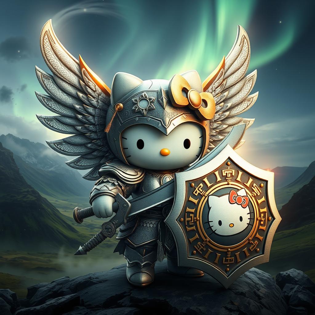 A captivating and imaginative portrayal of Hello Kitty as a valkyrie inspired by the Kjalnesinga saga set in Iceland