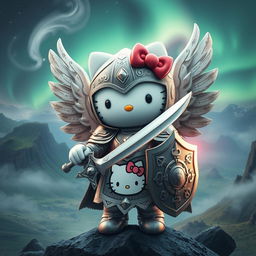 A captivating and imaginative portrayal of Hello Kitty as a valkyrie inspired by the Kjalnesinga saga set in Iceland