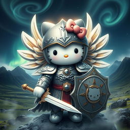 A captivating and imaginative portrayal of Hello Kitty as a valkyrie inspired by the Kjalnesinga saga set in Iceland