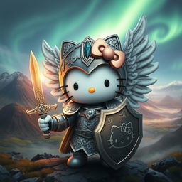 A captivating and imaginative portrayal of Hello Kitty as a valkyrie inspired by the Kjalnesinga saga set in Iceland