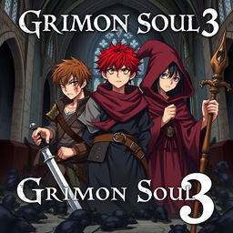 A dark fantasy anime cover titled "Grimon Soul 3" featuring three angry, battered 16-year-old boys