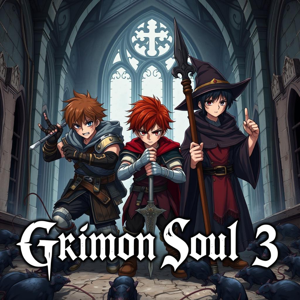 A dark fantasy anime cover titled "Grimon Soul 3" featuring three angry, battered 16-year-old boys