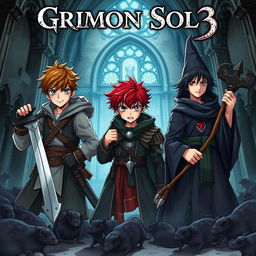 A dark fantasy anime cover titled "Grimon Soul 3" featuring three angry, battered 16-year-old boys