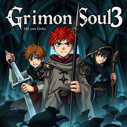 A dark fantasy anime cover titled "Grimon Soul 3" featuring three angry, battered 16-year-old boys