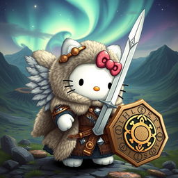 An enchanting and imaginative illustration of Hello Kitty as a valkyrie inspired by the Kjalnesinga saga, set against an Icelandic backdrop