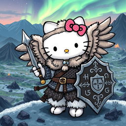 An enchanting and imaginative illustration of Hello Kitty as a valkyrie inspired by the Kjalnesinga saga, set against an Icelandic backdrop