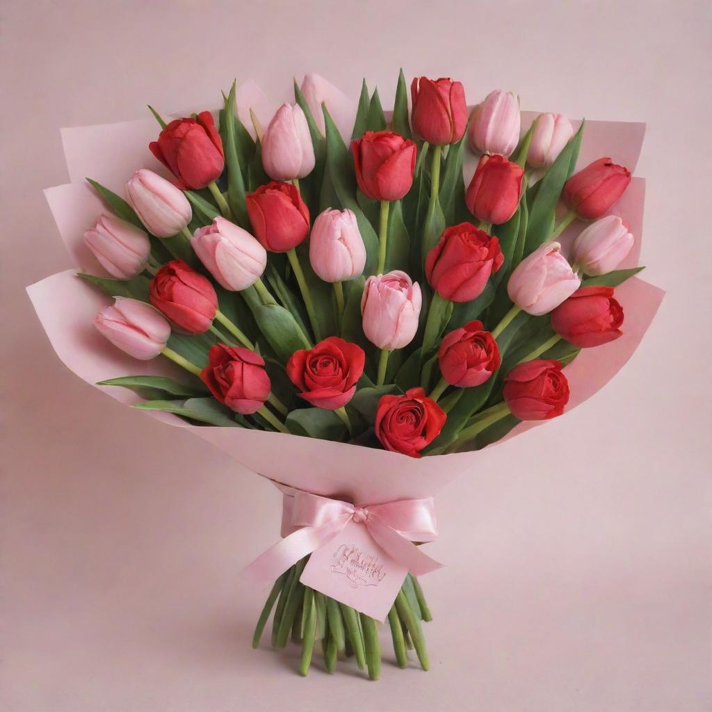 A cartoonish hand-drawn bouquet, filled with bright red roses and soft pink tulips, adorned with a tag and decorative ribbon as a heartfelt gift for a loved one.