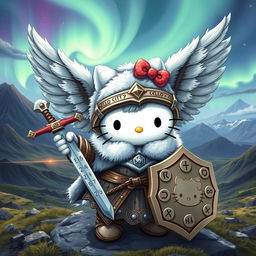 An enchanting and imaginative illustration of Hello Kitty as a valkyrie inspired by the Kjalnesinga saga, set against an Icelandic backdrop