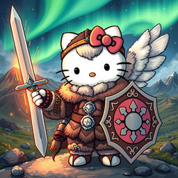 An enchanting and imaginative illustration of Hello Kitty as a valkyrie inspired by the Kjalnesinga saga, set against an Icelandic backdrop