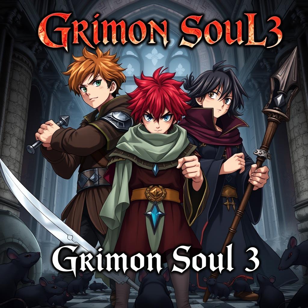 A dark fantasy anime cover titled "Grimon Soul 3" featuring three 16-year-old boys who look battered and angry