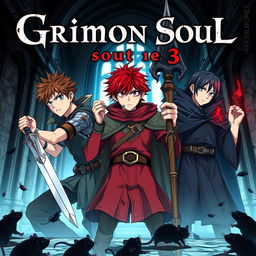 A dark fantasy anime cover titled "Grimon Soul 3" featuring three 16-year-old boys who look battered and angry