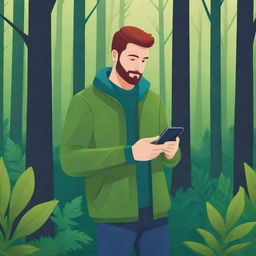 A vibrant, vector-style image of a man in a forest, confidently scanning a plant with his smartphone. Suitable for a web application background.