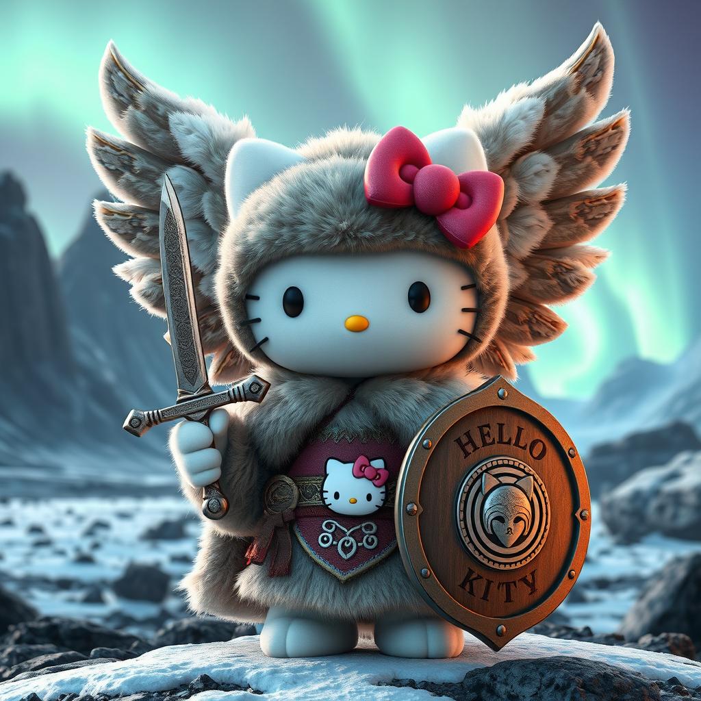 A stunning 3D illustration of Hello Kitty as a valkyrie inspired by the Kjalnesinga saga, dressed in intricately detailed fur clothing suited for the Icelandic environment