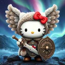 A stunning 3D illustration of Hello Kitty as a valkyrie inspired by the Kjalnesinga saga, dressed in intricately detailed fur clothing suited for the Icelandic environment