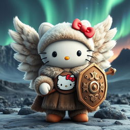 A stunning 3D illustration of Hello Kitty as a valkyrie inspired by the Kjalnesinga saga, dressed in intricately detailed fur clothing suited for the Icelandic environment