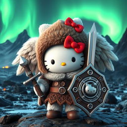 A stunning 3D illustration of Hello Kitty as a valkyrie inspired by the Kjalnesinga saga, dressed in intricately detailed fur clothing suited for the Icelandic environment