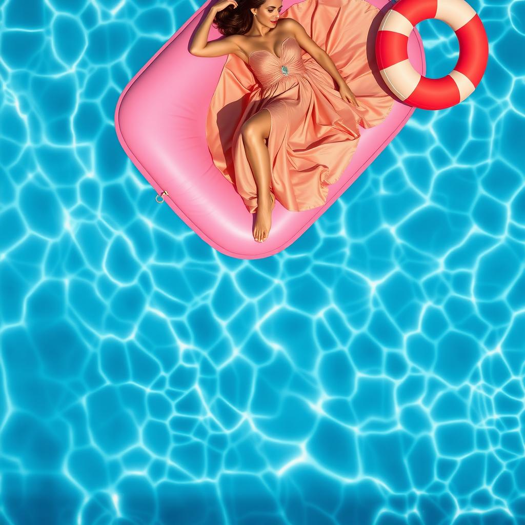 A stunning close-up photo shoot taken from above the surface of a crystal-clear swimming pool, capturing the vibrant reflections and ripples in the water