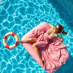 A stunning close-up photo shoot taken from above the surface of a crystal-clear swimming pool, capturing the vibrant reflections and ripples in the water