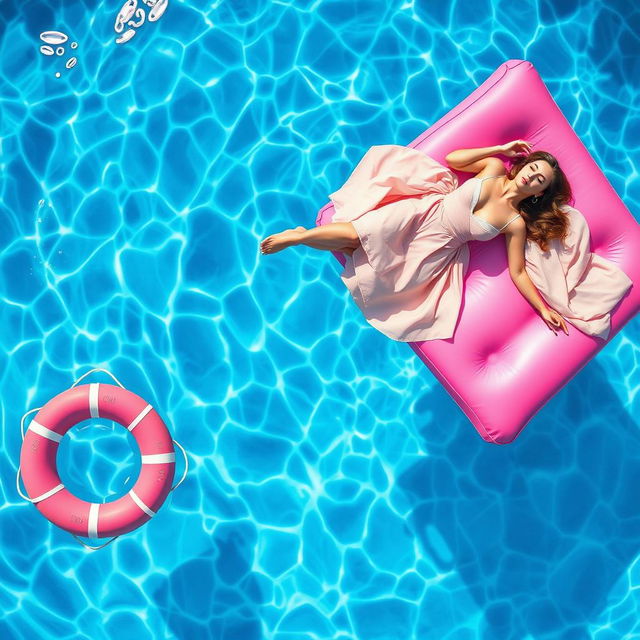 A stunning close-up photo shoot taken from above the surface of a crystal-clear swimming pool, capturing the vibrant reflections and ripples in the water