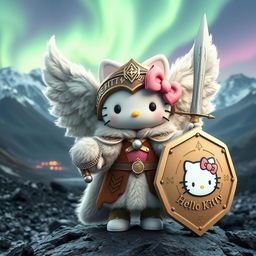 An imaginative 3D illustration of Hello Kitty as a valkyrie inspired by the Kjalnesinga saga, featuring her in exquisitely designed female fur clothing suitable for the Icelandic climate