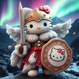 An imaginative 3D illustration of Hello Kitty as a valkyrie inspired by the Kjalnesinga saga, featuring her in exquisitely designed female fur clothing suitable for the Icelandic climate