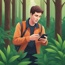 A vibrant, vector-style image of a man in a forest, confidently scanning a plant with his smartphone. Suitable for a web application background.