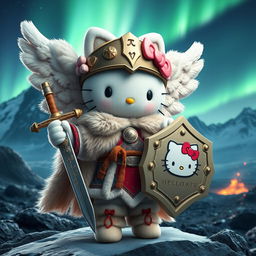 An imaginative 3D illustration of Hello Kitty as a valkyrie inspired by the Kjalnesinga saga, featuring her in exquisitely designed female fur clothing suitable for the Icelandic climate