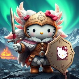 An imaginative 3D illustration of Hello Kitty as a valkyrie inspired by the Kjalnesinga saga, featuring her in exquisitely designed female fur clothing suitable for the Icelandic climate