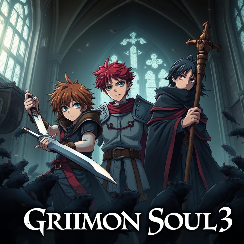 A dark fantasy anime cover titled 'Grimon Soul 3', featuring three 16-year-old boys looking battered and angry